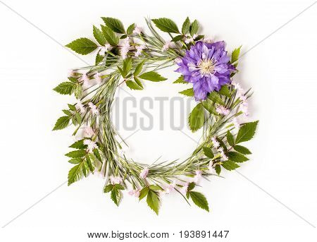 Frame wreath with white and pink flowers branches leaves and petals and big purple flower of Clematis. Flat lay overhead view.