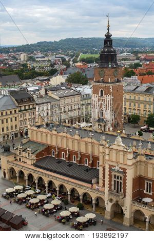 KRAKOW, POLAND - SEP 20, 2016: Top view of a historic buildings in the Old Sity. Krakow has been awarded a number of top international rankings such as the 1st place in the Top city-break destinations