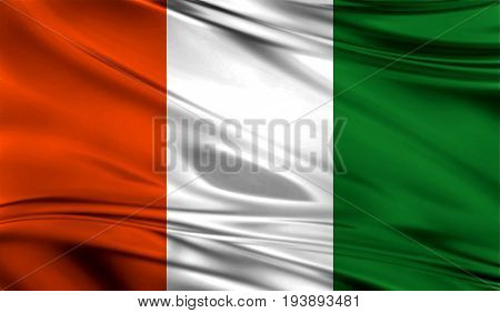 Realistic flag of Cote d,lvoire on the wavy surface of fabric. This flag can be used in design