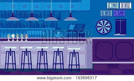 Bar Restaurant with counter in flat style. banner of interior with bar counter, bar chairs and shelves with alcohol.