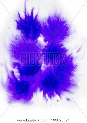 Blue Ink Conveyed Over White Close-up Paper. Abstract Background isolated on white background. Ink Stains Spread Out and Absorbed Into the Paper Macro.