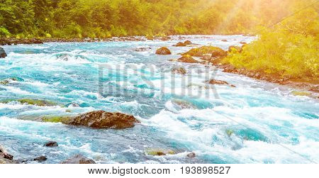 Fast mountain river near Puerto Varas Chile