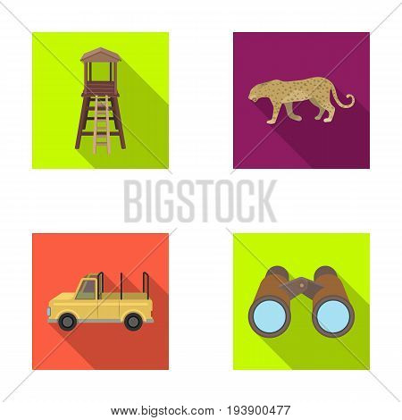 Observation tower for the hunter, leopard, hunting machine, binoculars. African safari set collection icons in flat style vector symbol stock illustration .