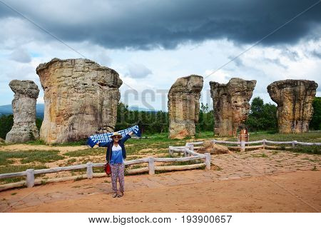 Thai Women People Travel And Posing Shooting Photo With Mor Hin Khao