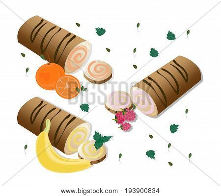 Roll cakes with fruits. Sweets, dessert, Banan berry orange frosting