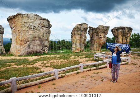 Thai Women People Travel And Posing Shooting Photo With Mor Hin Khao