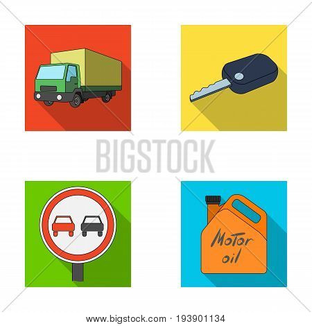 Truck with awning, ignition key, prohibitory sign, engine oil in canister, Vehicle set collection icons in flat style vector symbol stock illustration .
