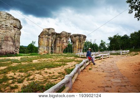 Thai Women People Travel And Posing Shooting Photo With Mor Hin Khao,