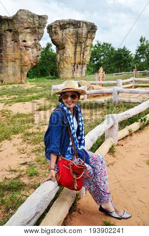 Thai Women People Travel And Posing Shooting Photo With Mor Hin Khao