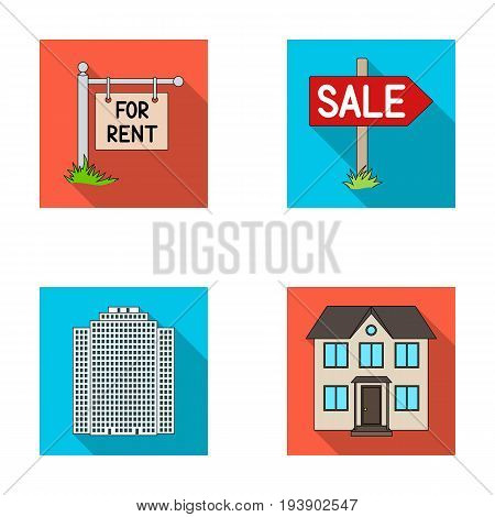 Signs of sale and rent, a skyscraper, a two-story cottage.Realtor set collection icons in flat style vector symbol stock illustration .