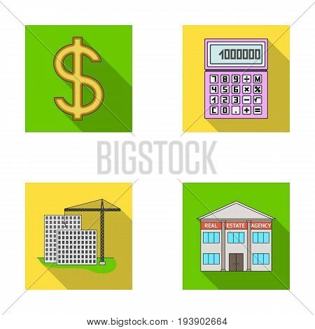 Calculator, dollar sign, new building, real estate offices. Realtor set collection icons in flat style vector symbol stock illustration .