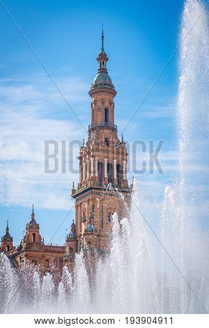 Plaza De España Seville, Andalucia, Spain With Fountain In Foreground.