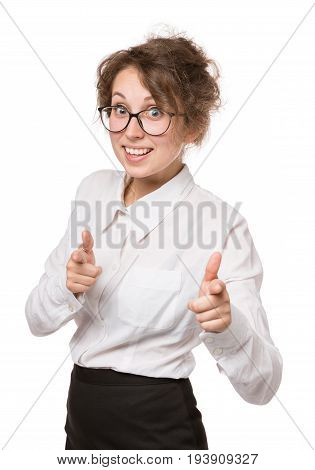 Girl in white blouse stands on white background, gestures, emotions on face, background is isolated