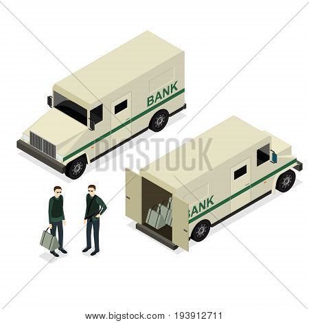 Armored Truck Set and Uniform Person Isometric View Encashment Bank Security Finance Service. Vector illustration