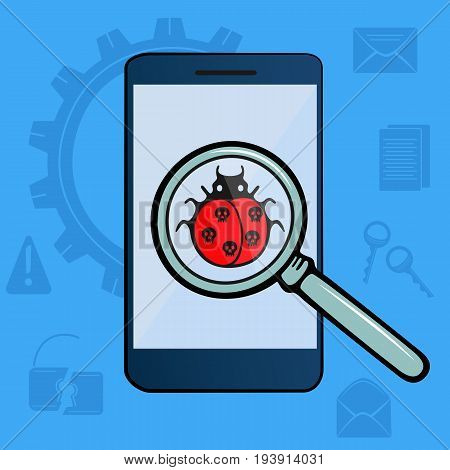 Ladybug with skulls under magnifying glass. Virus detected. Hacker Attack. The mobile phone is infected