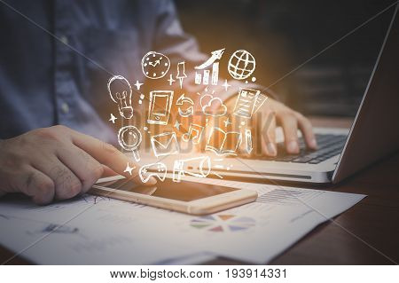 Man Hand Using Smartphone With Network Handrawn Icon Flat Doodle Style Technology Digital Community 