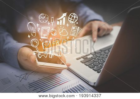 Man Hand Using Smartphone With Network Handrawn Icon Flat Doodle Style Technology Digital Community 