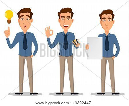 Business man set of 3 poses isolated on white background. Having an idea showing ok sign and holding blank banner greeting and with clipboard - stock vector