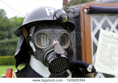 Beaulieu, Hampshire, Uk - May 29 2017: Mannequin With Ww2 Arp Helmet Repainted To 