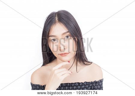 Beautiful Asian Woman Face Portrait Beauty With Maleup Concept. Fashion Beauty Model Isolated On Whi