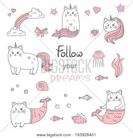 Set of cute cats mermaids and cats unicorns. Vector collection of trendy stickers patches in pink and white colors.