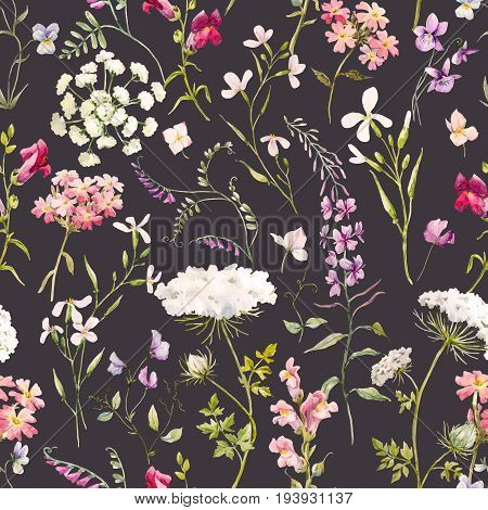 Beautiful seamless vector pattern with hand drawn watercolor summer flowers