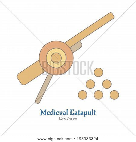 Medieval cannon with cannonballs. Single logo in flat thin line style isolated on white background. Colorful medieval theme symbol. Simple medieval pictogram logotype template. Vector illustration.