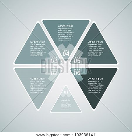 Vector infographics web element of gray triangle shapes with text on the gradient gray background.