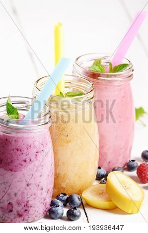 Assorted Fruit Shakes On White Table