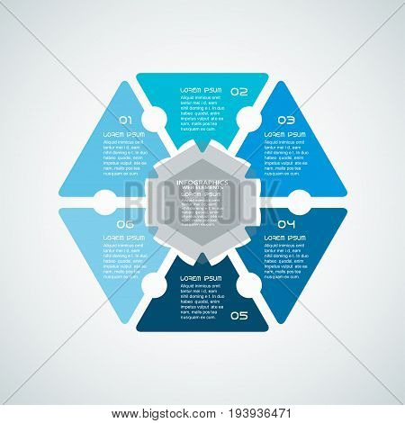 Vector infographic web element of blue triangle shapes with text on the gradient gray background.