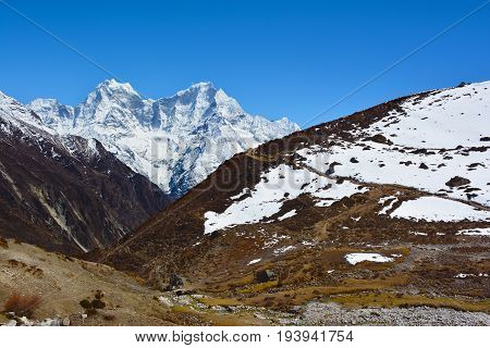 Beautiful view of the Himalayan mountains near Machhermo village on the way to Gokyo Lakes Nepal
