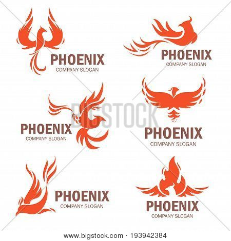 Phoenix company slogan set. Rising from the ashes bird, symbol and idea of strong business. Vector flat style illustration isolated on white background