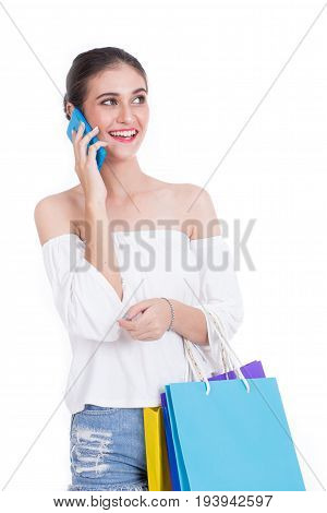 Protrait Beautiful Women Shopping While Talking, Isolated On White Background, Shopping Protrait Con