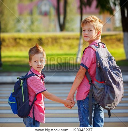 Portrait Two Adorable Boys With Backpack Near Pedestrian Crossin.