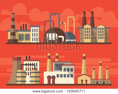 Flat industrial factory landsapes on bright background. Building factory, vector illustration