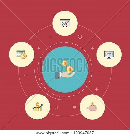 Flat Icons Accounting System, Profit, Tactics And Other Vector Elements. Set Of Accounting Flat Icons Symbols Also Includes Net, Whiteboard, Saving Objects.