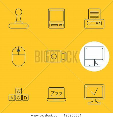 Vector Illustration Of 9 Laptop Icons. Editable Pack Of Movie Cam, Printer, Pda And Other Elements.