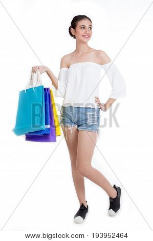 Protrait Beautiful Women Shopping With White Background, Shopping Protrait Concept, 20S Year Old.