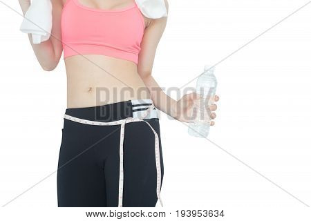 Woman Holanding Bottle With Fashion Set Sweet Pink Sexy Girl Sport Woman Concept. Isolated With Whit
