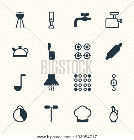 Vector Illustration Of 16 Kitchenware Icons. Editable Pack Of Barbecue, Steelyard, Bakery Roller And Other Elements.