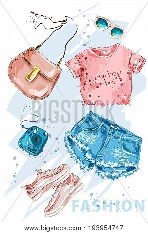 Fashion outfit. Stylish trendpy clothing: shorts, crop top, bag, shoes, sunglasses and photo camera. Fashion summer girl clothes set, accessories. Woman's fashion look. Sketch. Vector illustration.