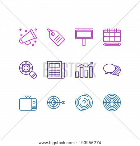 Vector Illustration Of 12 Marketing Icons. Editable Pack Of Advertising Billboard, Announcement, Schedule And Other Elements.