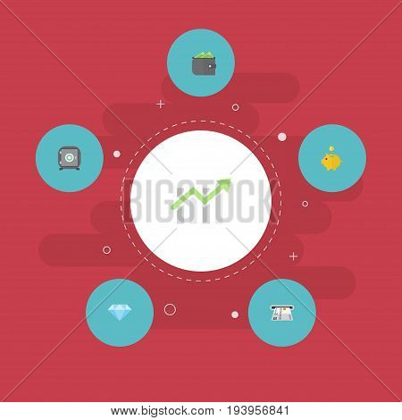 Flat Icons Teller Machine, Money Box, Bar Diagram And Other Vector Elements. Set Of Finance Flat Icons Symbols Also Includes Jewel, Strongbox, Secure Objects.