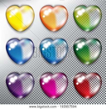 Abstract vector web buttons set of 9. Glossy hearts. Isolated and transparent with glass shine and shadow on the light background. Vector illustration. Eps10.
