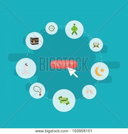 Flat Icons Decorative, Palm, Praying Man And Other Vector Elements. Set Of Religion Flat Icons Symbols Also Includes Book, Star, Kaaba Objects.