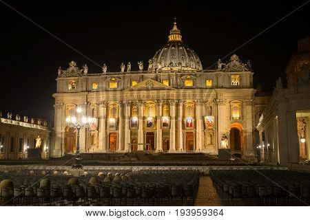 Saint Peter's basilica at nignt illumination, Vatican autumn Italy