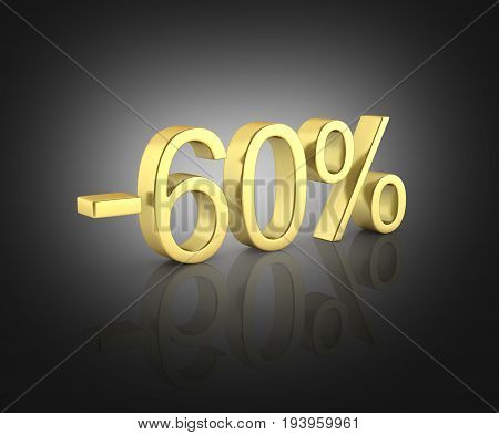 Gold Text 60 Percent Off On Black Gradeint Background With Reflection 3D Render