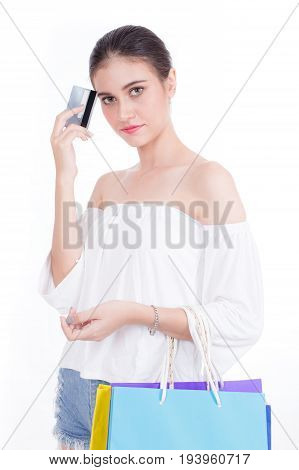 Protrait Beautiful Women Shopping With White Background Shopping Protrait Concept 20s Year Old.