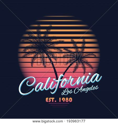 80s style vintage California typography. Retro t-shirt graphics with tropical paradise scene and tropic palms. Vector