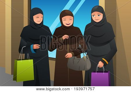 A vector illustration of Muslim Women Going Shopping at the Mall